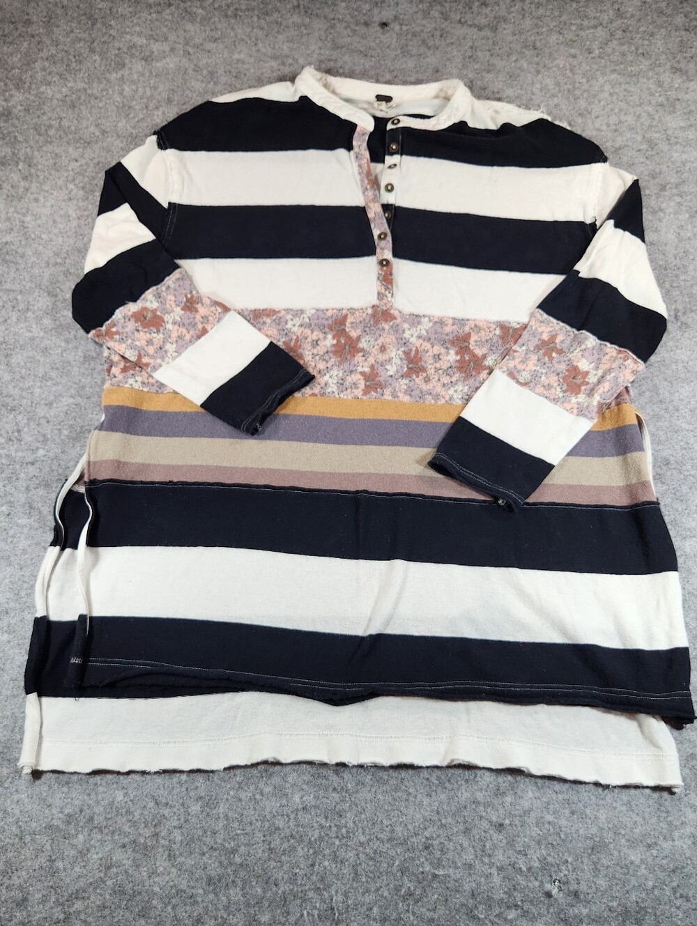 We The Free Striped Henley Tunic in Black, White, Tan and Purple Accents Medium